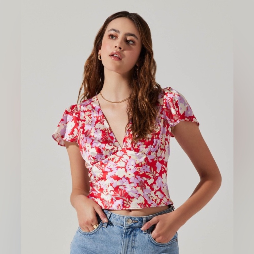 Astr Floral V-Neck Blouse in Red and Pink